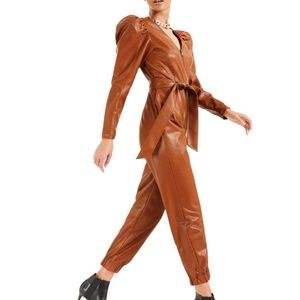 Culpos X INC Faux Leather Puff-Sleeve Jumpsuit